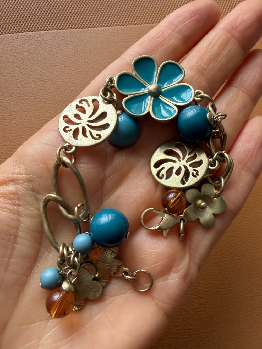 Vintage Inspired Bohemian Turquoise Beaded Flower Link Bracelet